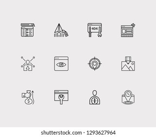 Search icons set. SEO optimization and search icons with image optimization, targeting and SEO tracking. Set of professional for web app logo UI design.