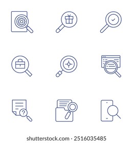 Suchsymbole festgelegt. Stil der dünnen Linie, bearbeitbarer Strich. Suche, Entdeckung, Jobsuche, Notizen.