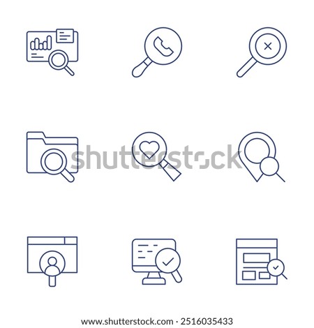 Search icons set. Thin Line style, editable stroke. searching, search, analytics, checking.