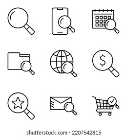 Search icons set. Zoom, find document, magnify glass, look tool. Pictogram isolated on a white background. Vector illustration.