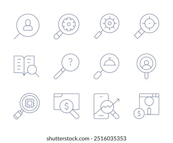 Search icons. Thin Line style, editable stroke. search, searching, trading, gear,looking for answer, paid search.