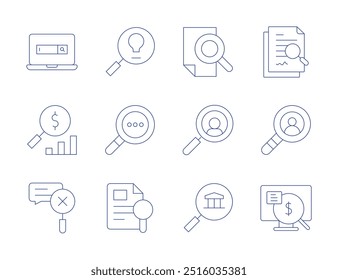 Search icons. Thin Line style, editable stroke. case, file, job, paid search.