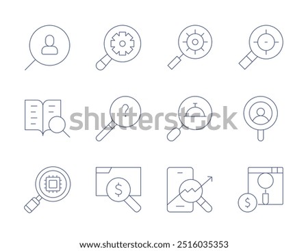 Search icons. Thin Line style, editable stroke. search, searching, trading, gear,looking for answer, paid search.