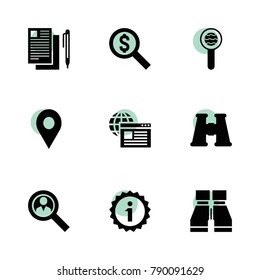 Search icons. vector collection filled search icons set.. includes symbols such as binoculars, document and pen, web browser, information. use for web, mobile and ui design.