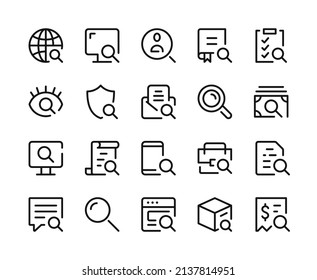 Buscar iconos. Iconos de línea del vector establecidos. Vidrio de aumento, motor de búsqueda, conceptos de búsqueda en línea. Símbolos de esquema, elementos gráficos lineales. Diseño moderno