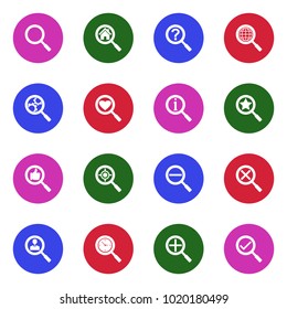 Search Icons. White Flat Design In Circle. Vector Illustration. 