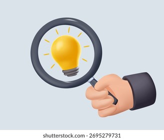 Search idea 3D render vector illustration. Hand holding magnifying glass with lightbulb. Creative vision and thinking. Business insights and solution. Find target. Contemporary vector illustration art