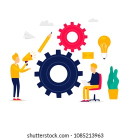 Search for an idea, business project, startup, group of people working,  rise of the career, business analysis. Flat illustration isolated on white 