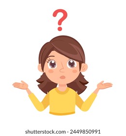 Search for an idea. Cartoon curious girl standing with question mark above her head isolated on white.