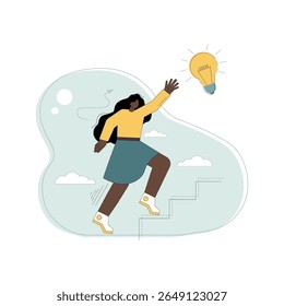 Search for an idea. Chasing a dream. Career advancement. A woman climbs the stairs and reaches for a light bulb, an idea