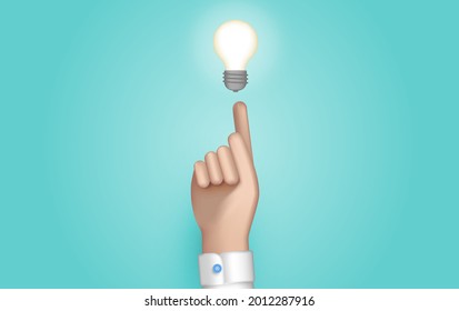 Buscar una idea. El concepto de una nueva visión de la solución de problemas. Metáfora abstracta de una idea. El hombre señala un dedo a una bombilla. Decisión exitosa. Fondo web. Ilustración vectorial 3D.