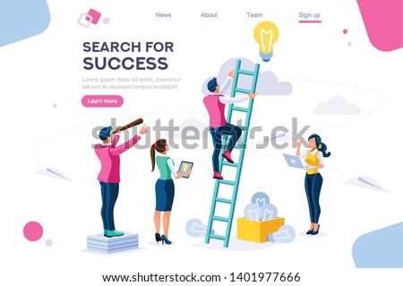 Search Idea, Little Success Advancement, Achievement of Goal. Path Up Stairs. Concept for Web Banner, Infographics, Hero Images. Flat Isometric Illustration Isolated on White Background