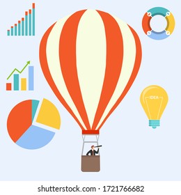 In search of an idea. A man in a business suit with a telescope on a hot air balloon searches for an idea and looks at the profit charts. Vector illustration. Vector.