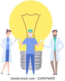 Search for idea in medicine, surgery. Light bulb as symbol of new decision. People working with generating ideas. Teamwork of doctors to create right plan. Medical team searching for solution