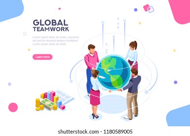 Search Idea, New Meeting Profit, Worker Partner, Staff Strategy. Businesswoman Presentation. Confident Company Investor Corporate Global Colleague Standing. World Of Flat Isometric Vector Illustration