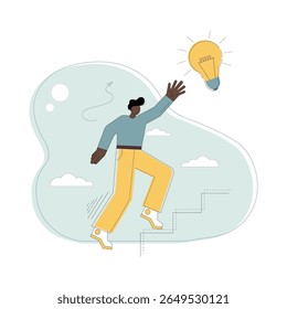 Procure uma ideia. Busca de um sonho. Subindo a escada da carreira. Um homem sobe as escadas e alcança uma lâmpada, uma ideia