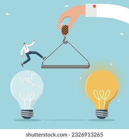 Search for ideas to achieve goals, help in planning a business strategy, ways and methods for non-standard solutions to tasks, big hand like a crane helps man move from broken light bulb to working.