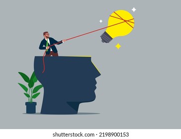 Search for ideas. Businessman is trying to catch a flying light bulb.  Pursuing innovative business idea. Vector illustration.