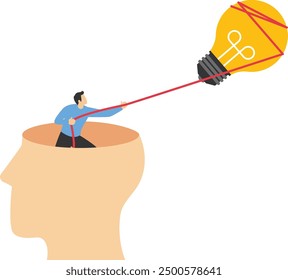 Search for ideas. Businessman is trying to catch a flying light bulb. Pursuing innovative business idea. Vector illustration.

