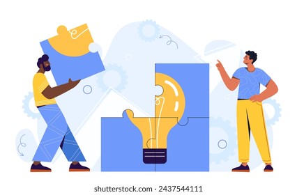 Search for ideas concept. Men with puzzles with lightbulb. Creativity and brainstorming. Workers with business project or start up. Cartoon flat vector illustration isolated on white background