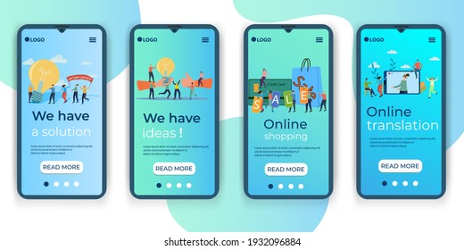 Search for ideas, online purchases, Online broadcasts.A set of UI, UX interfaces for smartphone screens.Features of adaptive design.Flat vector illustration.