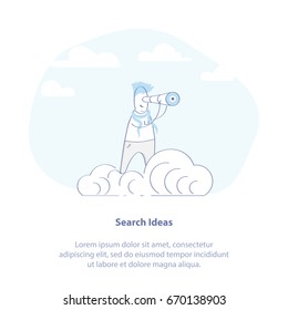 Search for ideas outline infographic illustration. Symbol of Solution, Idea Search, Research. Researcher with a telescope on the cloud. Modern isolated vector icon.