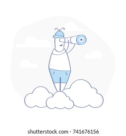 Search for ideas outline infographic illustration. Symbol of Solution, Idea Search, Research. Cute cartoon researcher with a telescope on the cloud. Modern isolated vector icon.