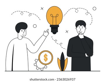 Escena de ideas de búsqueda. Personajes en busca de nuevas ideas de negocios creativas. Concepto de nuevas ideas de negocio. Ilustración vectorial.