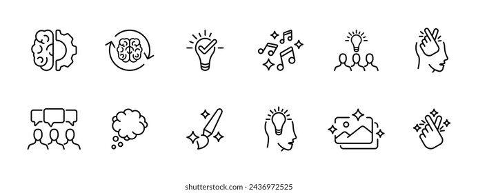 Icono de conjunto de ideas de búsqueda. Mentalidad, procesos de pensamiento constante, idea, música, conciencia, discusión, trabajo en equipo, pensamientos, creatividad, chasquear los dedos. Creando arte, concepto de startup . Icono de línea vectorial.