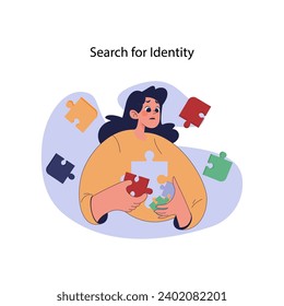 Search for identity concept. Pensive woman fitting puzzle pieces, symbolizing introspection and self-discovery journey. Understanding oneself amidst life complexity. Flat vector illustration