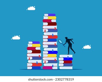 Search for information or business knowledge. man using a magnifying glass looking at a pile of books
