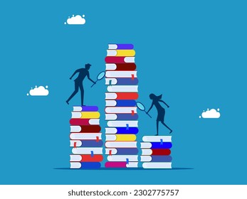 Search for information or business knowledge. Business team using a magnifying glass looking at a pile of books