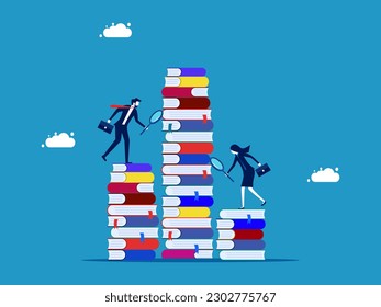 Search for information or business knowledge. Business team using a magnifying glass looking at a pile of books