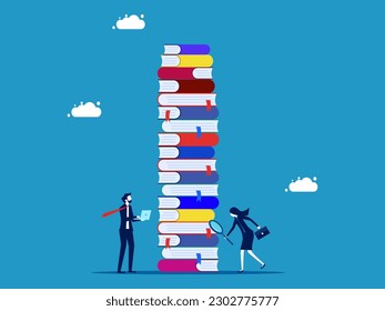 Search for information or business knowledge. Business team using a magnifying glass looking at a pile of books