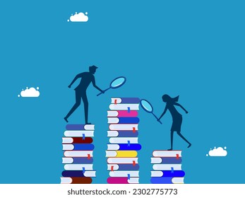 Search for information. The business team uses a magnifying glass to find a lot of information on stacks of books