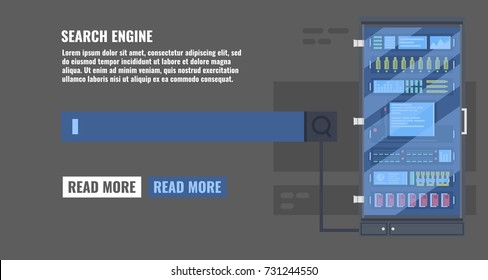 Search information concept with searching text stroke and data server flat vector illustration