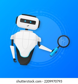 Concepto de información de búsqueda. Robot blanco mirando a través de la lupa. Ilustración vectorial.