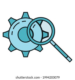 Search information in global internet icon, online database cloud computer technology outline flat vector illustration, isolated on white. Concept web tool info, remote server data retrieval.