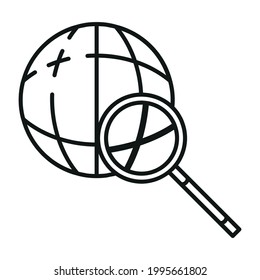 Search information in global internet icon, online database cloud computer technology outline flat vector illustration, isolated on white. Concept web tool info, remote server data retrieval.