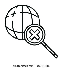 Información de búsqueda en icono global de Internet, base de datos en línea tecnología informática en nube esbozar ilustración vectorial plana, aislada en blanco. Concepto de información de herramientas web, recuperación de datos de servidor remoto.