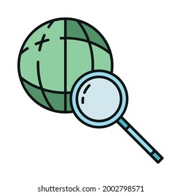 Search information in global internet icon, online database cloud computer technology outline flat vector illustration, isolated on white. Concept web tool info, remote server data retrieval.