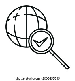 Suchinformationen im globalen Internet-Symbol, Online-Datenbank Cloud Computer-Technologie Umriss flache Vektorgrafik, einzeln auf weiß. Konzepte Web-Tool-Informationen, Remote-Server-Datenabruf.