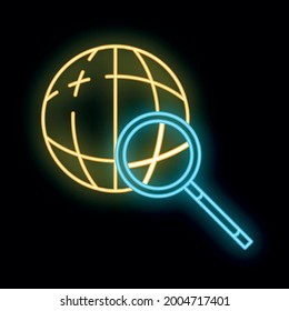 Search information in global internet icon glow neon style, online computer database cloud outline flat vector illustration, isolated on white. Concept web tool remote server data retrieval technology