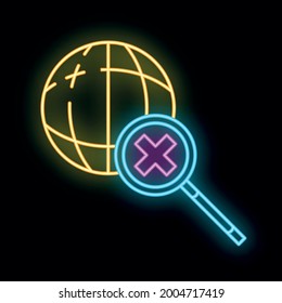 La información de búsqueda en el icono global de internet resplandece el estilo neón, base de datos de computadora en línea esquema de nube ilustración vectorial plana, aislado en blanco. Concepto herramienta web tecnología de recuperación de datos de servidores remotos