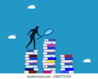 Search for information. The man uses a magnifying glass to find a lot of information on stacks of books