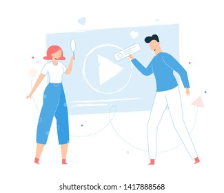 Search for information on the Internet, video analysis, marketing, online education and webinars. Students characters. Girl with a magnifying glass. The guy comments. Vector illustration.