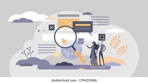 Search information online in internet websites flat tiny person concept. Find global data using search engine optimization vector illustration. Page research tool to help user get answers and solution