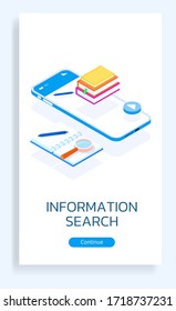 Search for information using a smartphone from the Internet. A stack of books, a pen and a media player icon hangs above the smartphone. Nearby is a notebook with pen and magnifier.