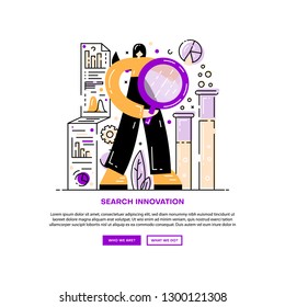Search for innovation. Woman with a magnifying glass is studying the data. Website banner