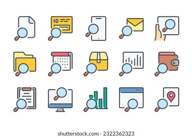 Search and Inspection color line icon set. Magnifying glass related linear icons. Research, Review and Explore colorful outline vector sign collection.